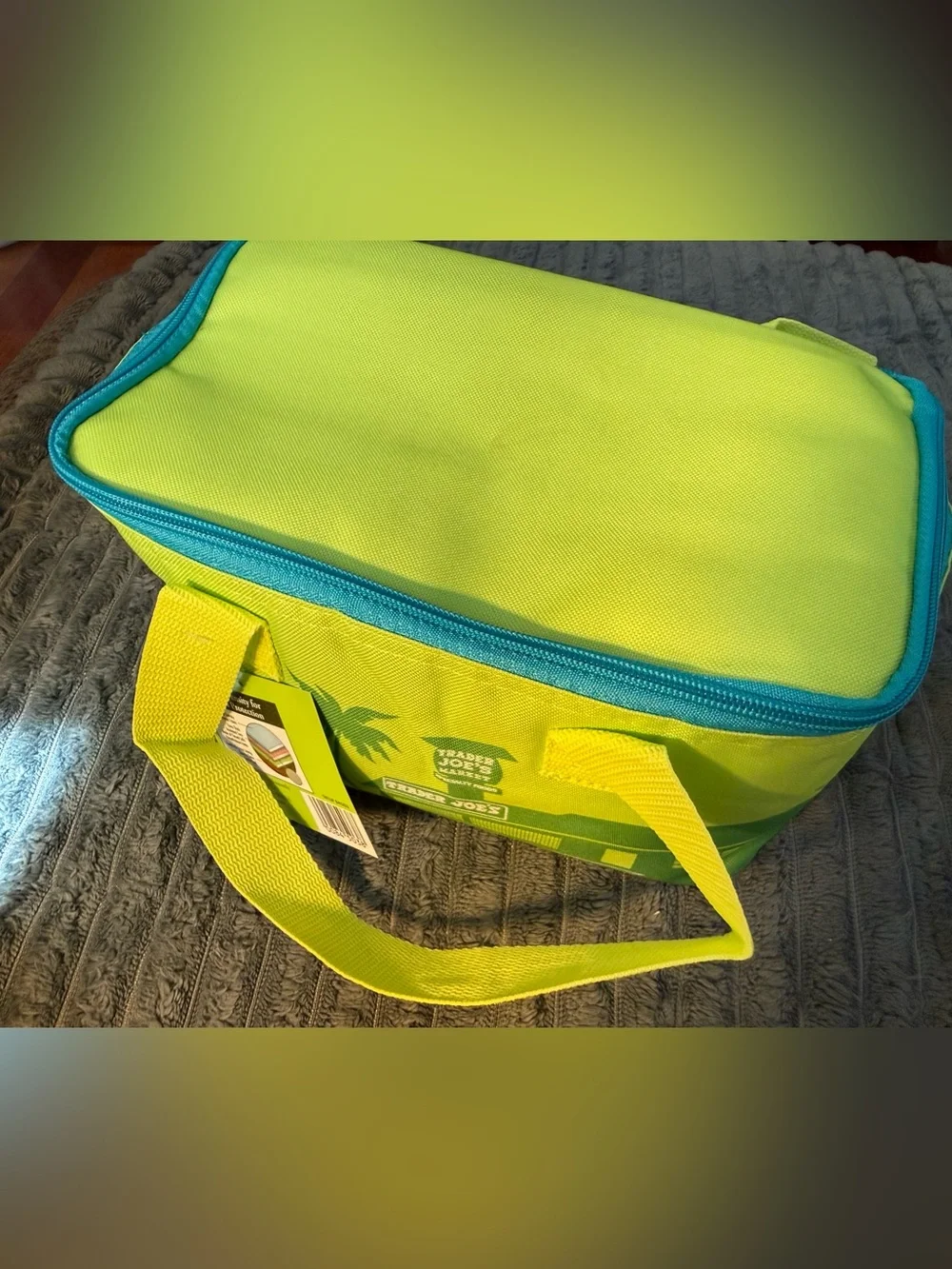Neon Lime Insulated Lunch Tote with Blue Zipper